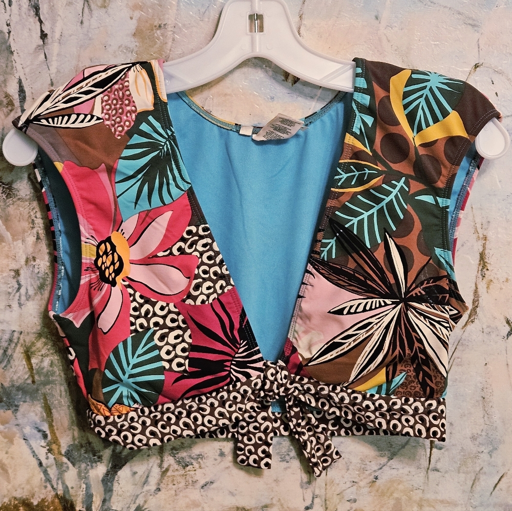 Bleu Rod Beattie Run Wild Cap Sleeve  Tie-Front Swim Crop Top  Tropical Print-8